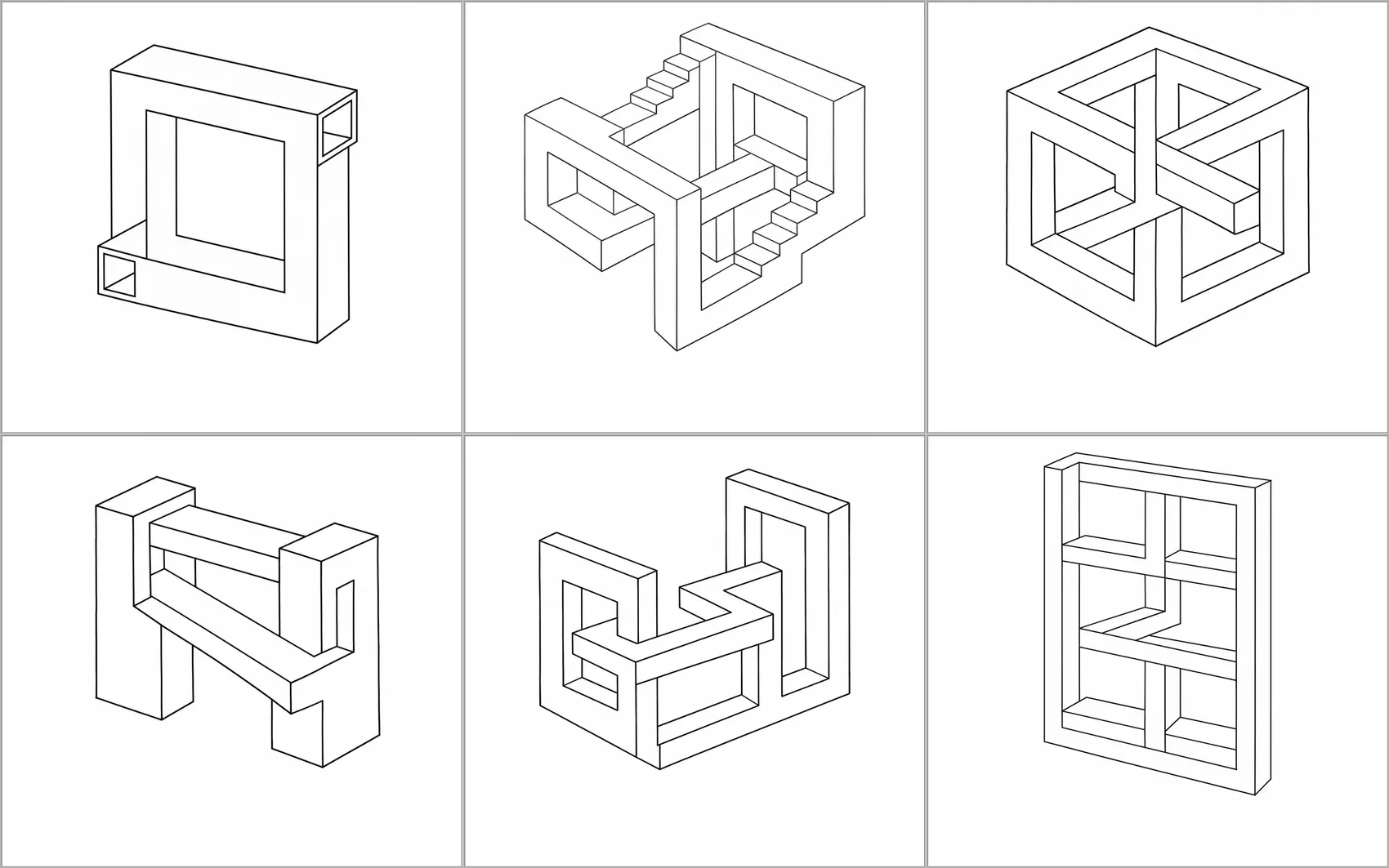 六组矛盾空间的早期线稿与几何结构草图