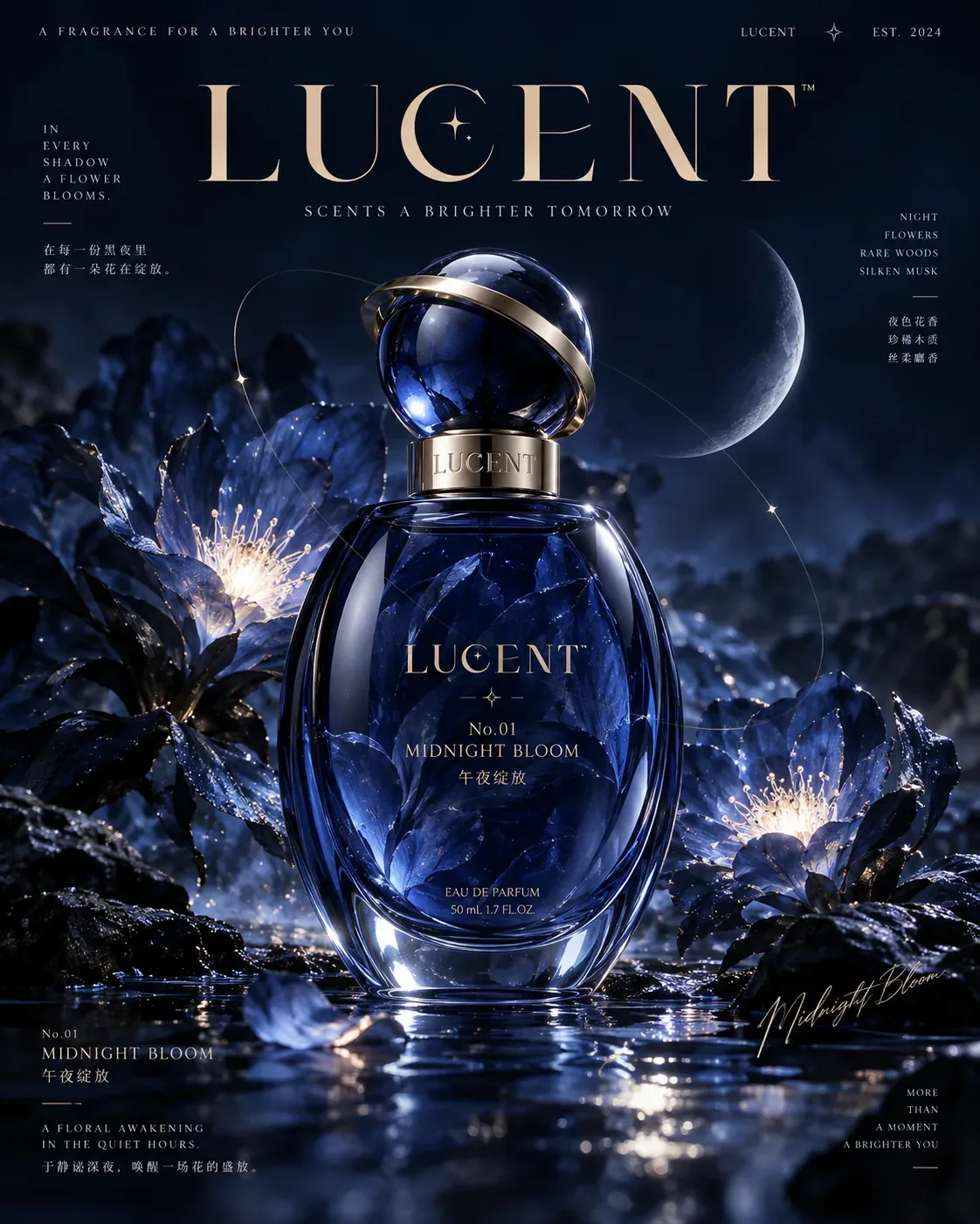Midnight Bloom 午夜绽放，深蓝色花朵围绕球形玻璃香氛瓶的概念广告海报
