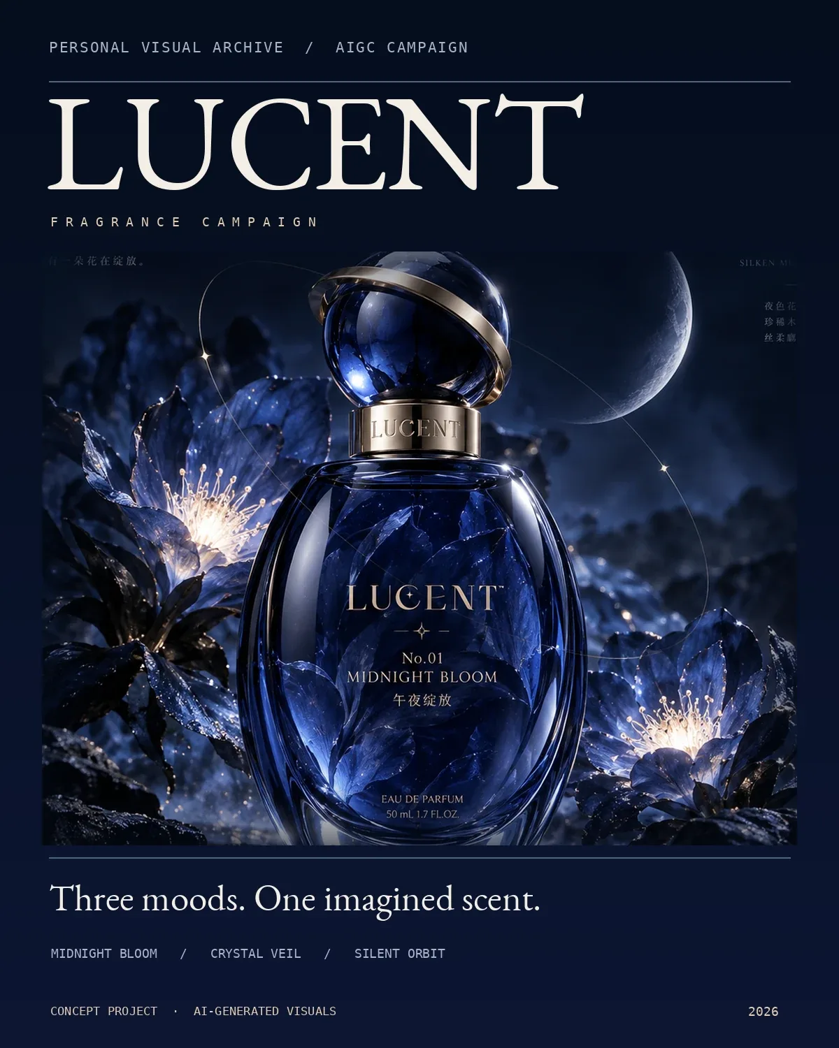 LUCENT 香氛广告系列封面，以深蓝香氛瓶、夜色花朵及文字编辑设计呈现