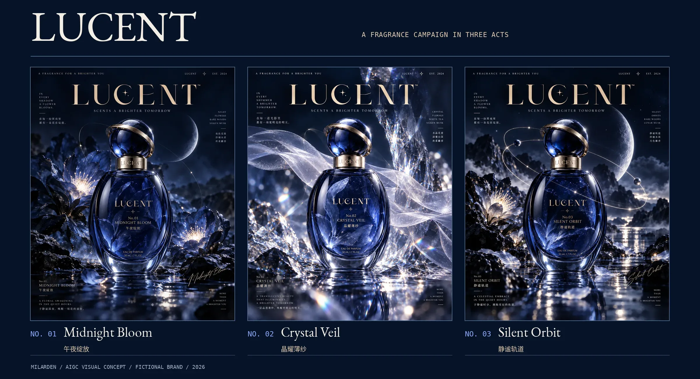 LUCENT 三张系列海报总览，展示午夜绽放、晶耀薄纱和静谧轨道三个概念方向