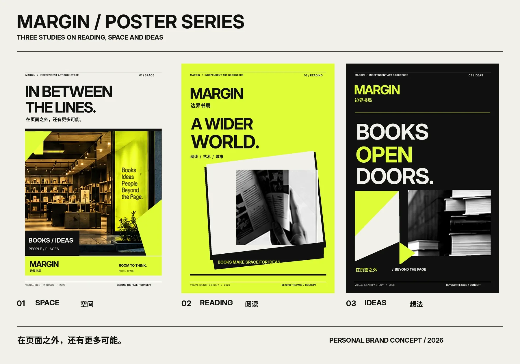 MARGIN 三张独立海报总览，分别关于空间、阅读和想法