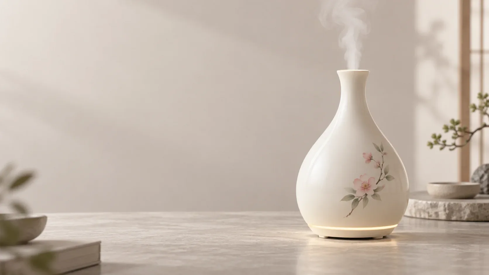 「粉韵」香薰加湿器概念效果图，白色花枝纹瓷瓶形加湿器摆放在木质台面上