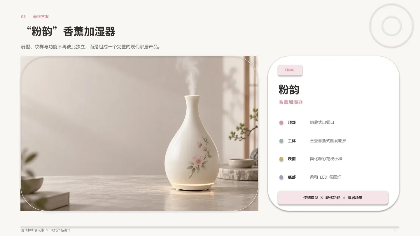 「粉韵」方案展示页，包括 AI 辅助概念效果图与出雾口、花枝纹样、LED 灯带说明