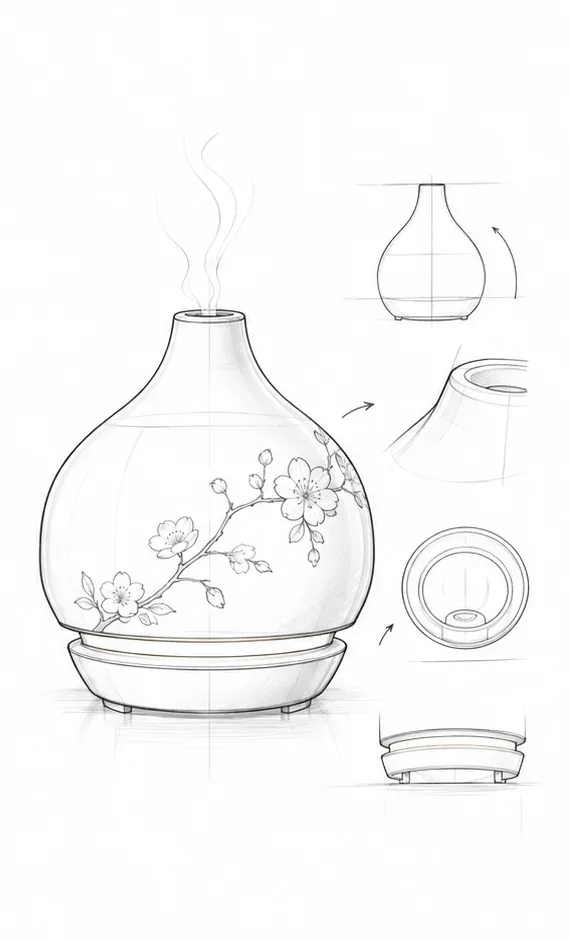带花卉纹饰和灯带的装饰型香薰加湿器概念草图
